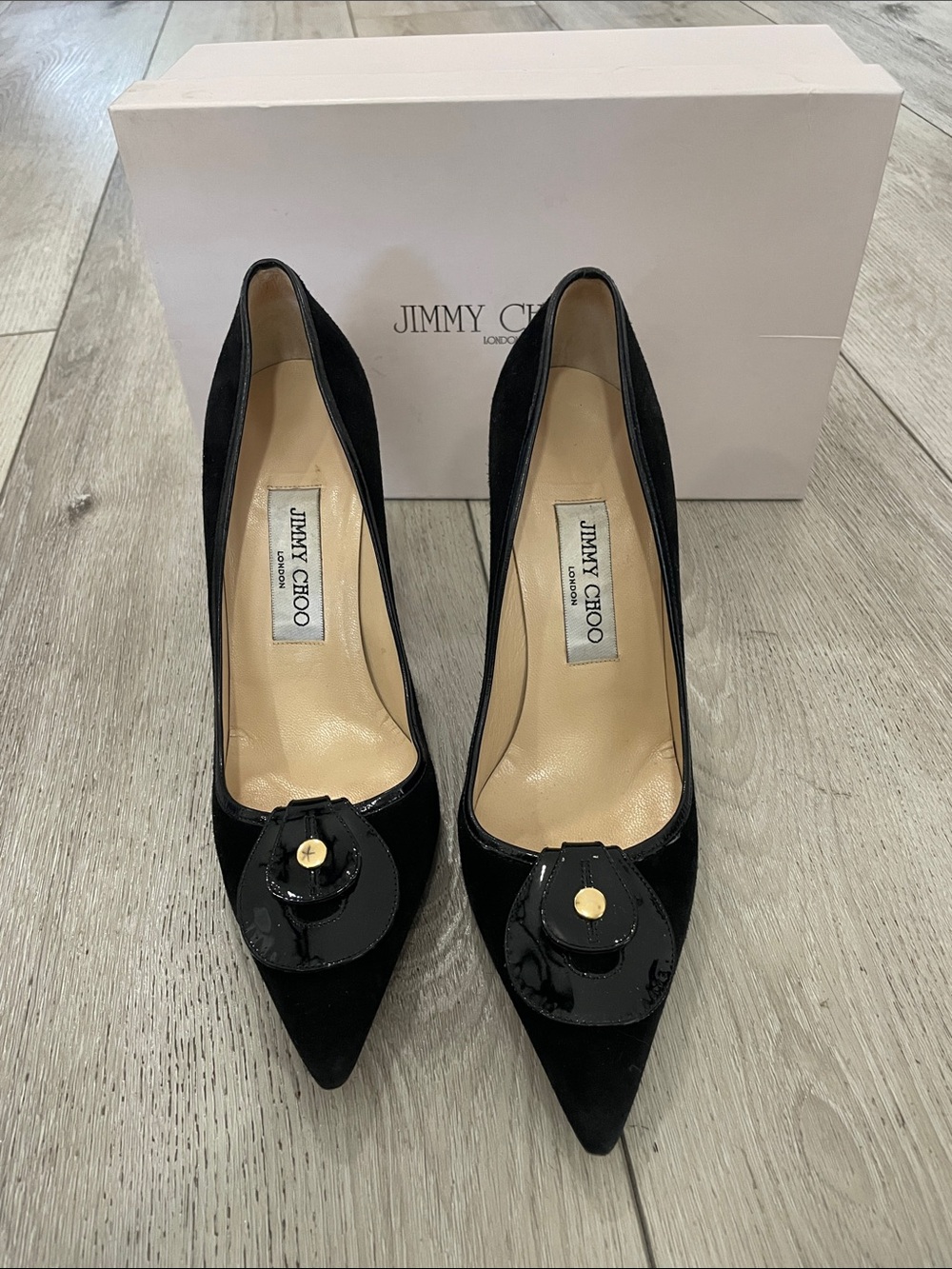 Jimmy Choo Black Velvet Pointed Toe Pumps with Patent Medallion